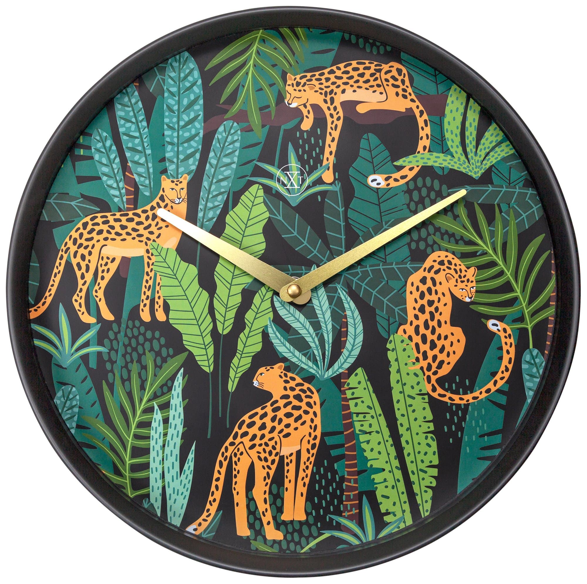 NeXtime Clocks urban jungle themed wall clock, 30 cm plastic design with vibrant jungle pattern, front view image.